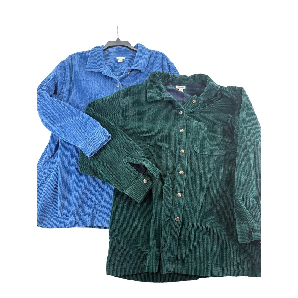 L.L.Bean Shirt Jacket 1X Corduroy Button Down Flannel Lined Blue Green 2 Pack